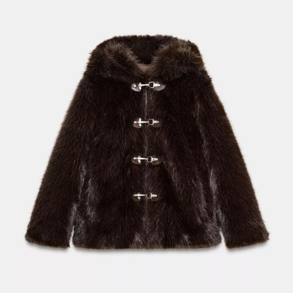 ZARA ZW COLLECTION FAUX FUR SHORT COAT BROWN LARGE TOGGLE HOODED TEDDY 3945/241